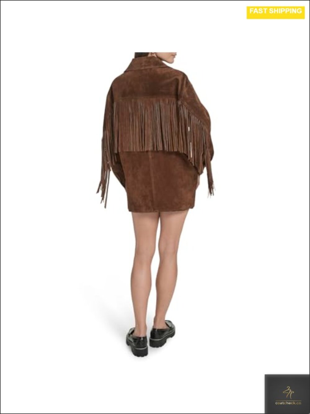 Faux Suede Fringe Trim Chore Coat Snap Front - Picture 3 of 6